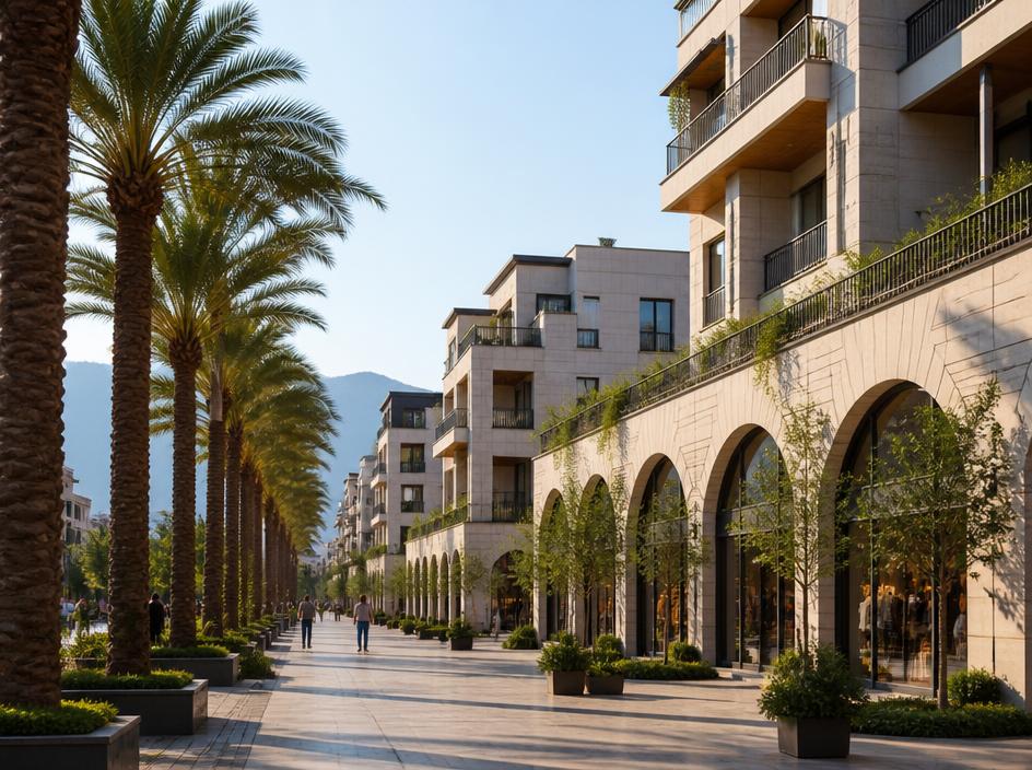 Modern apartments above shops on a palm-lined boulevard