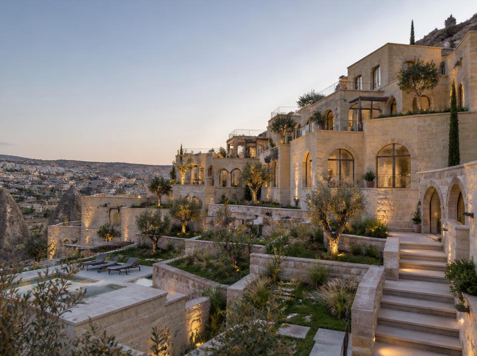 Modern natural stone homes on a Turkish hillside