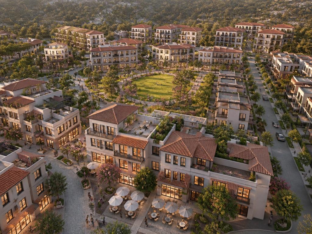 Aerial view of a complete residential community with a park and shops